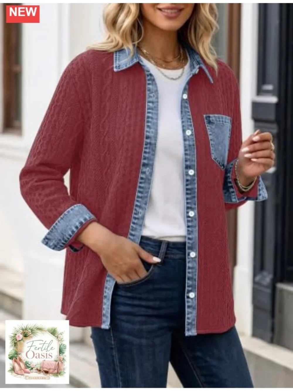 Women's Patchwork Denim Shacket Button Down Loose Jacket